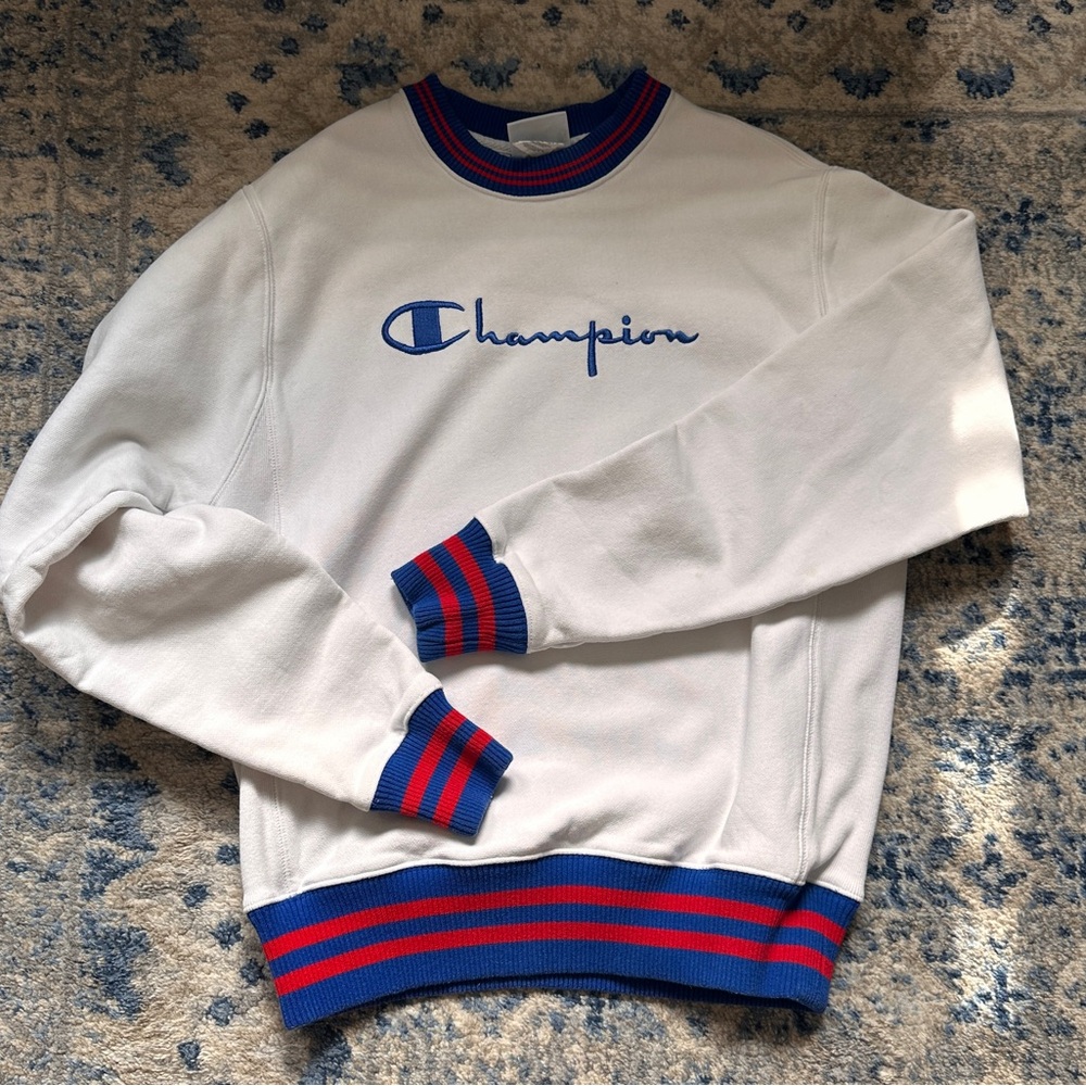Champion Men's White Sweater with Blue and Red Accents